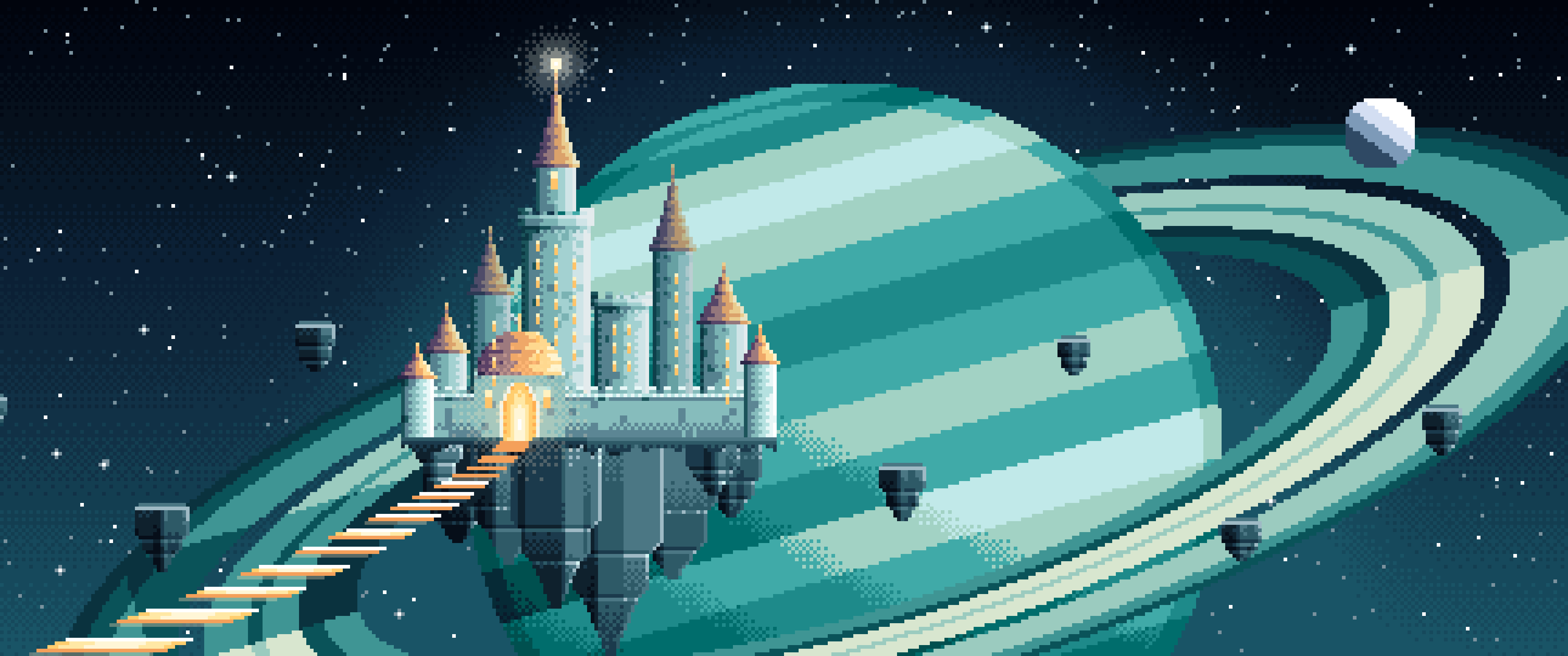 Teal Pixel Art Fantasy Space Castle and Planet ultrawide wallpaper, 3440 × 1440