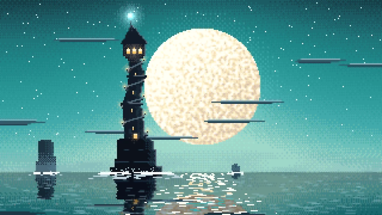 Teal Pixel Art Fantasy Wizard Tower at Night desktop wallpaper in 4K