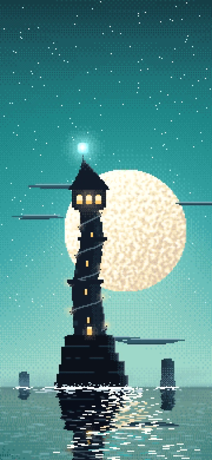 Teal Pixel Art Fantasy Wizard Tower at Night wallpaper for iPhone and Android