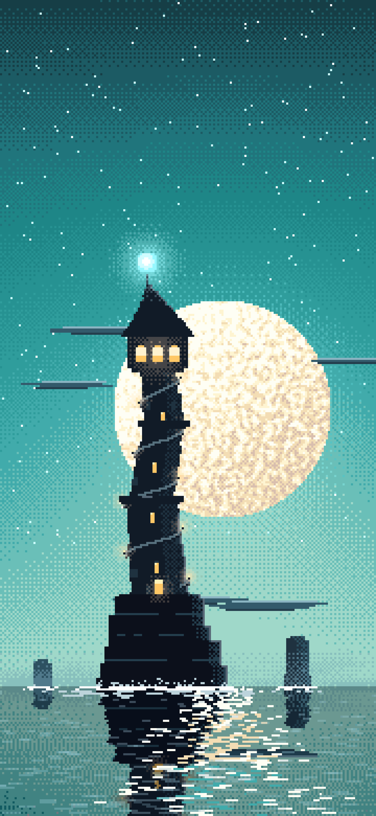 Teal Pixel Art Fantasy Wizard Tower at Night wallpaper for iPhone and Android