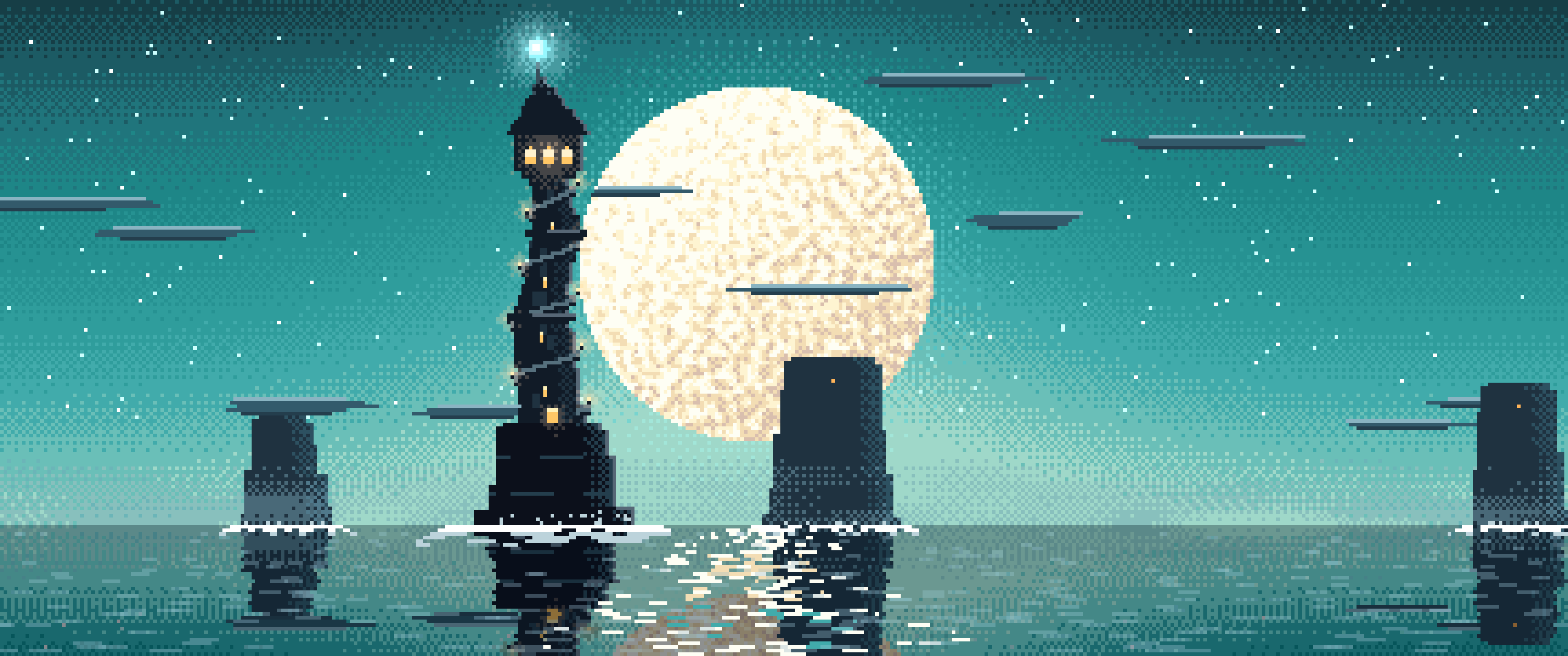 Teal Pixel Art Fantasy Wizard Tower at Night ultrawide wallpaper, 3440 × 1440
