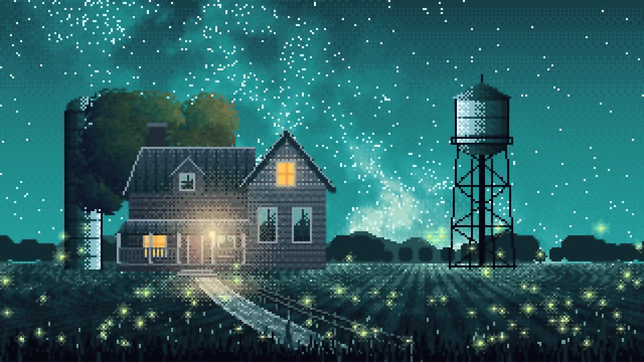Teal Pixel Art Farmhouse Under the Stars desktop wallpaper in 4K