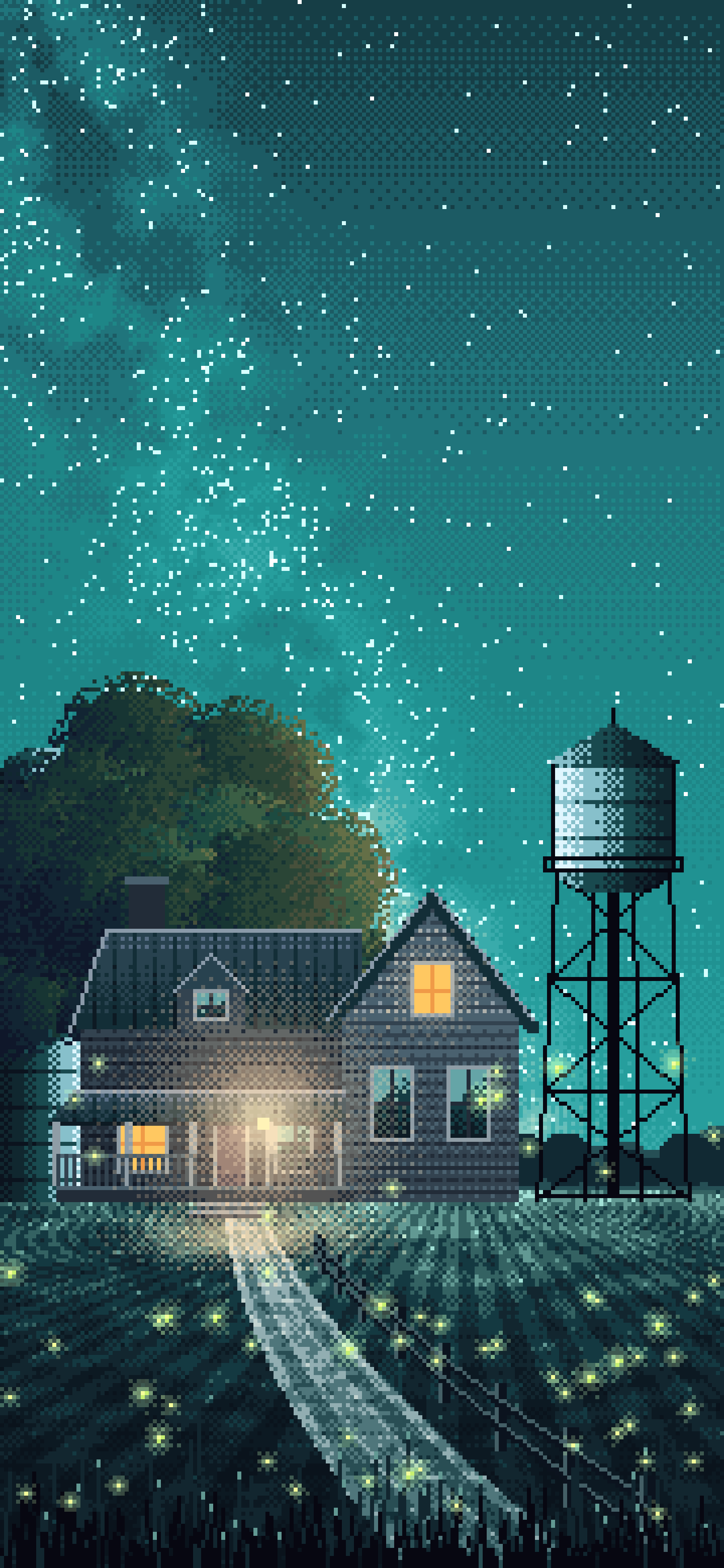 Teal Pixel Art Farmhouse Under the Stars wallpaper for iPhone and Android