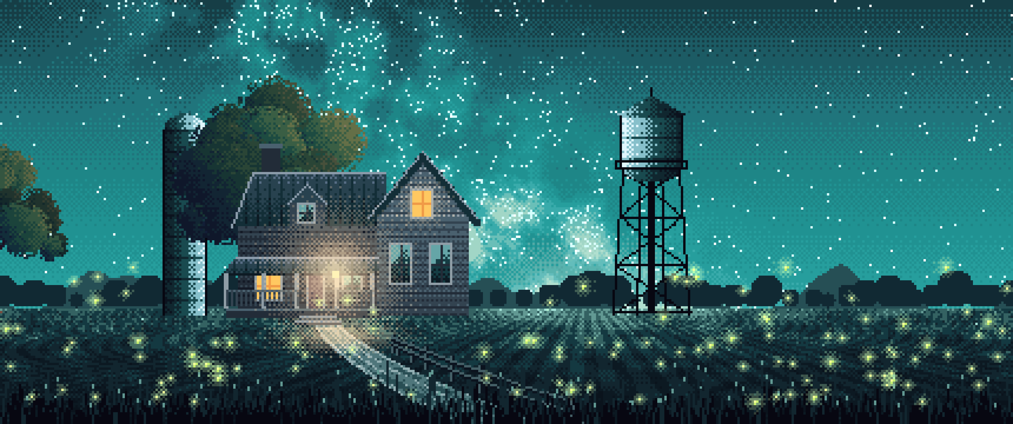 Teal Pixel Art Farmhouse Under the Stars ultrawide wallpaper, 3440 × 1440