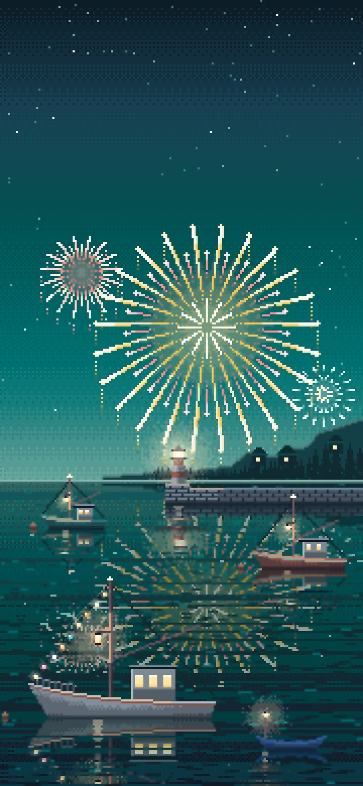 Teal Pixel Art Fireworks Over a Fishing Harbor wallpaper for iPhone and Android