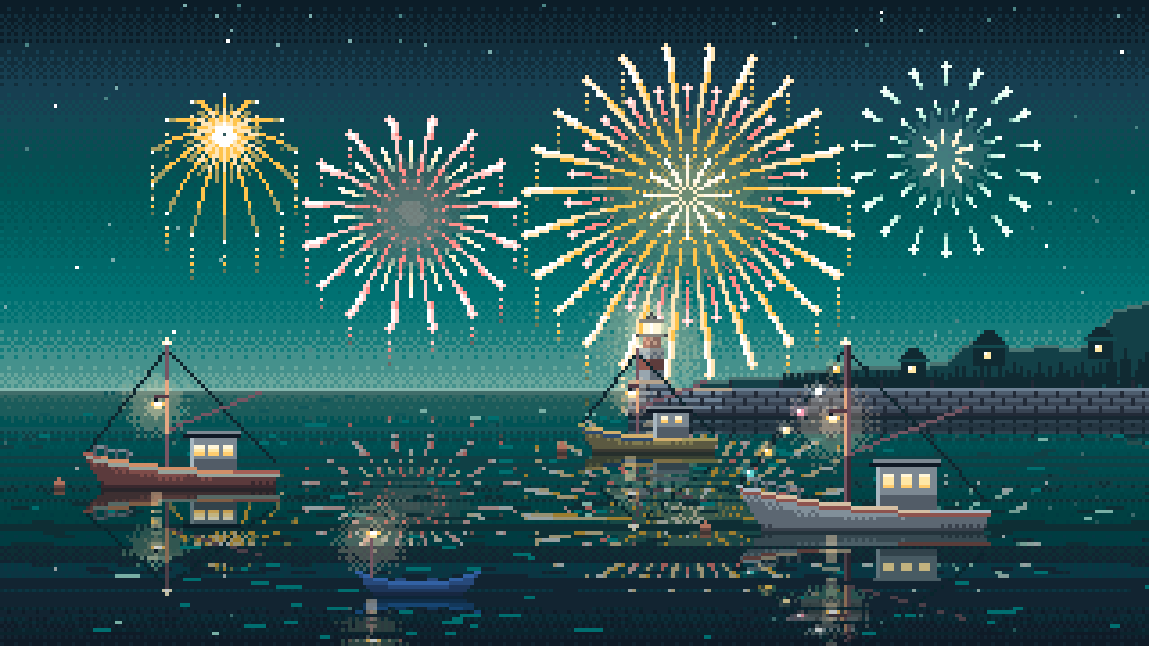 Teal Pixel Art Fireworks Over a Fishing Harbor desktop wallpaper in 4K