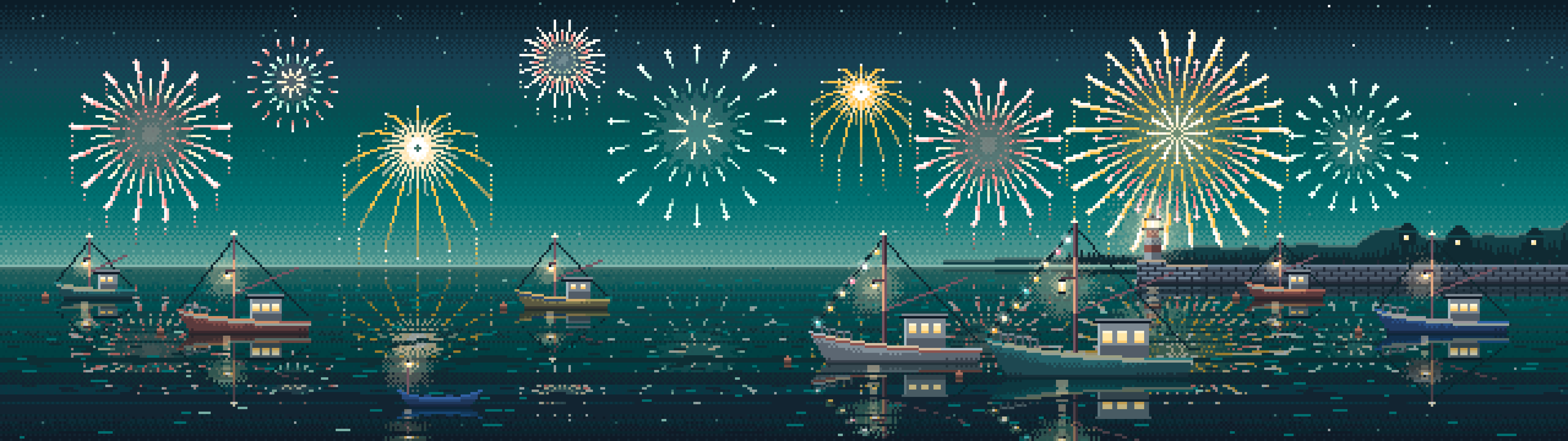 Teal Pixel Art Fireworks Over a Fishing Harbor dual monitor wallpaper, 7680 × 2160
