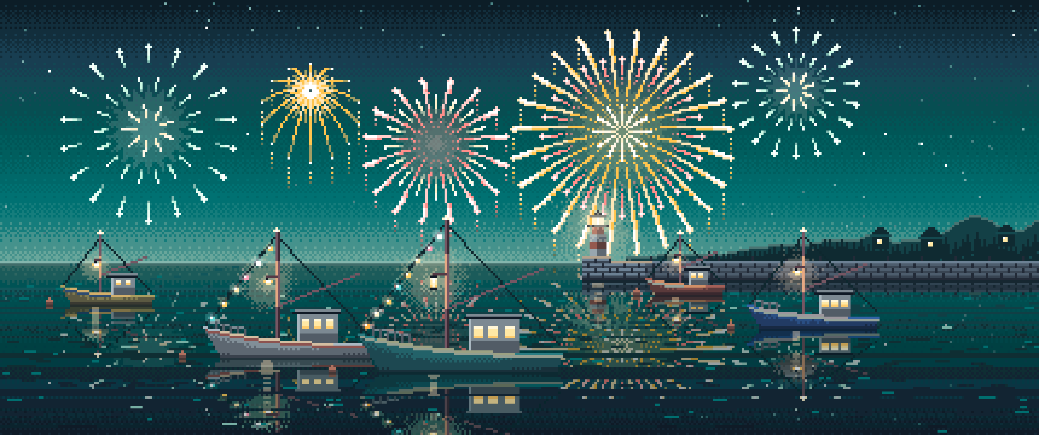 Teal Pixel Art Fireworks Over a Fishing Harbor ultrawide wallpaper, 3440 × 1440