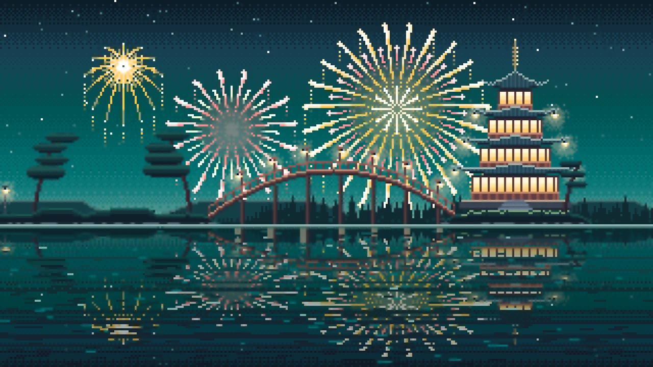 Teal Pixel Art Fireworks Over a Pagoda on a Lake desktop wallpaper in 4K