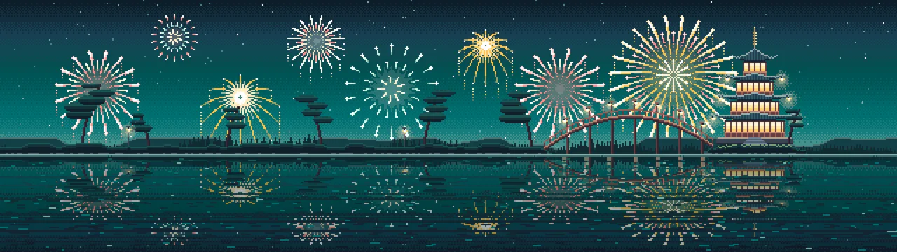 Teal Pixel Art Fireworks Over a Pagoda on a Lake dual monitor wallpaper, 7680 × 2160
