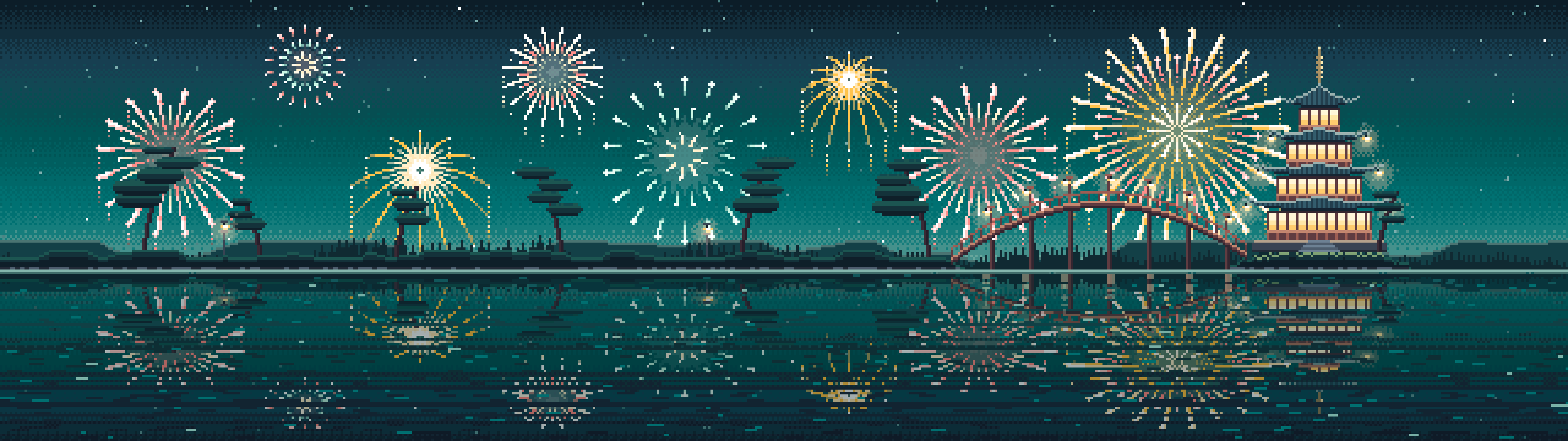 Teal Pixel Art Fireworks Over a Pagoda on a Lake dual monitor wallpaper, 7680 × 2160