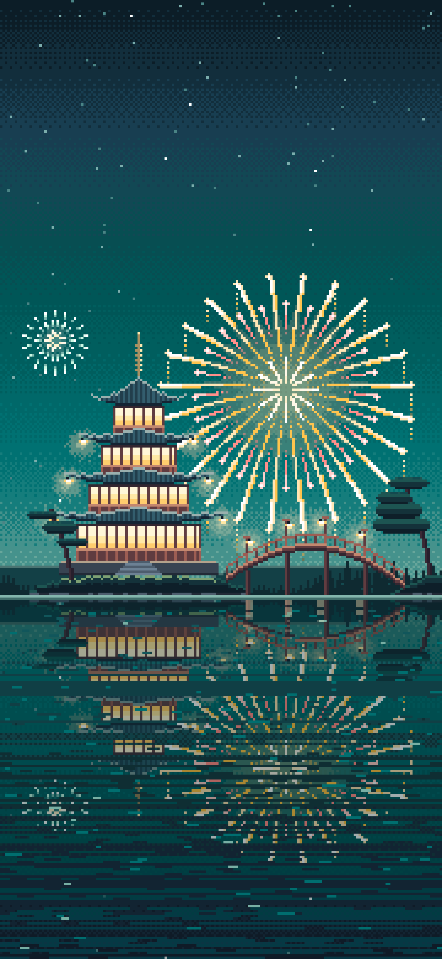 Teal Pixel Art Fireworks Over a Pagoda on a Lake wallpaper for iPhone and Android