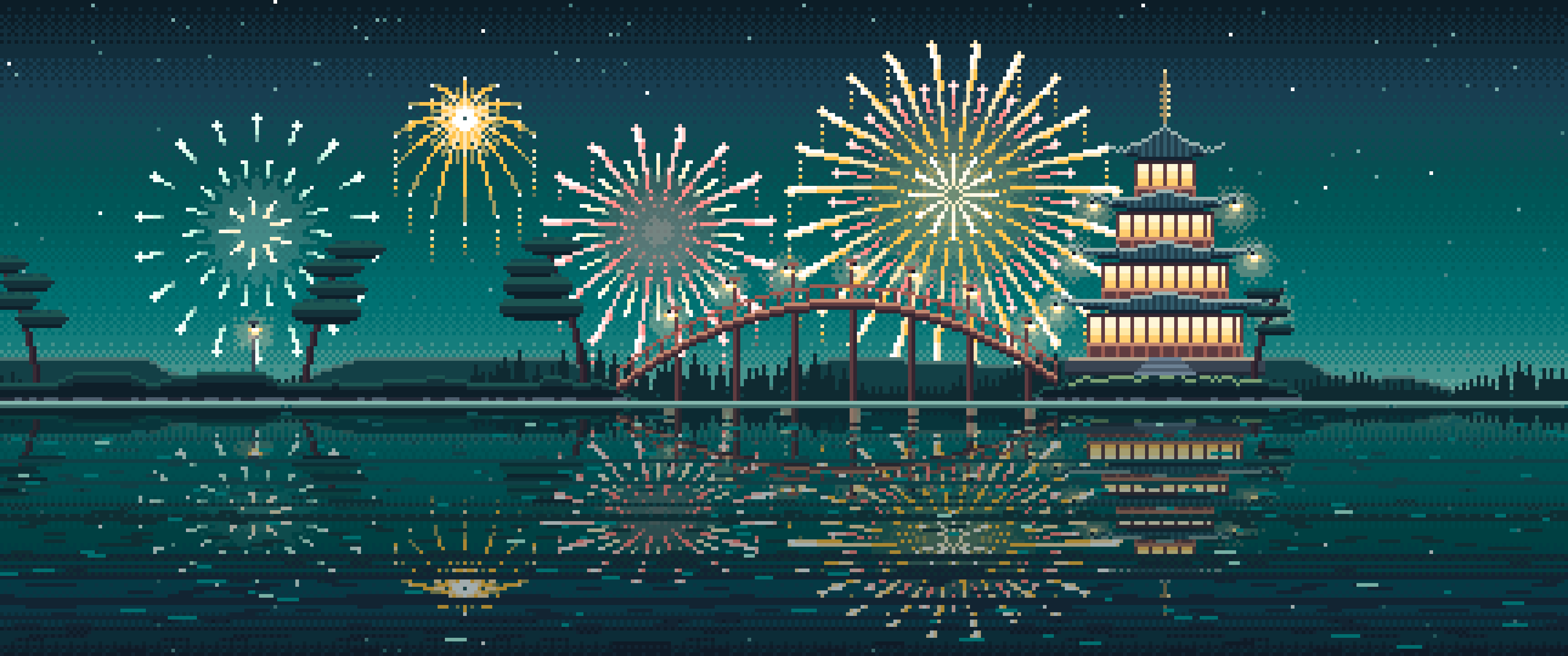 Teal Pixel Art Fireworks Over a Pagoda on a Lake ultrawide wallpaper, 3440 × 1440