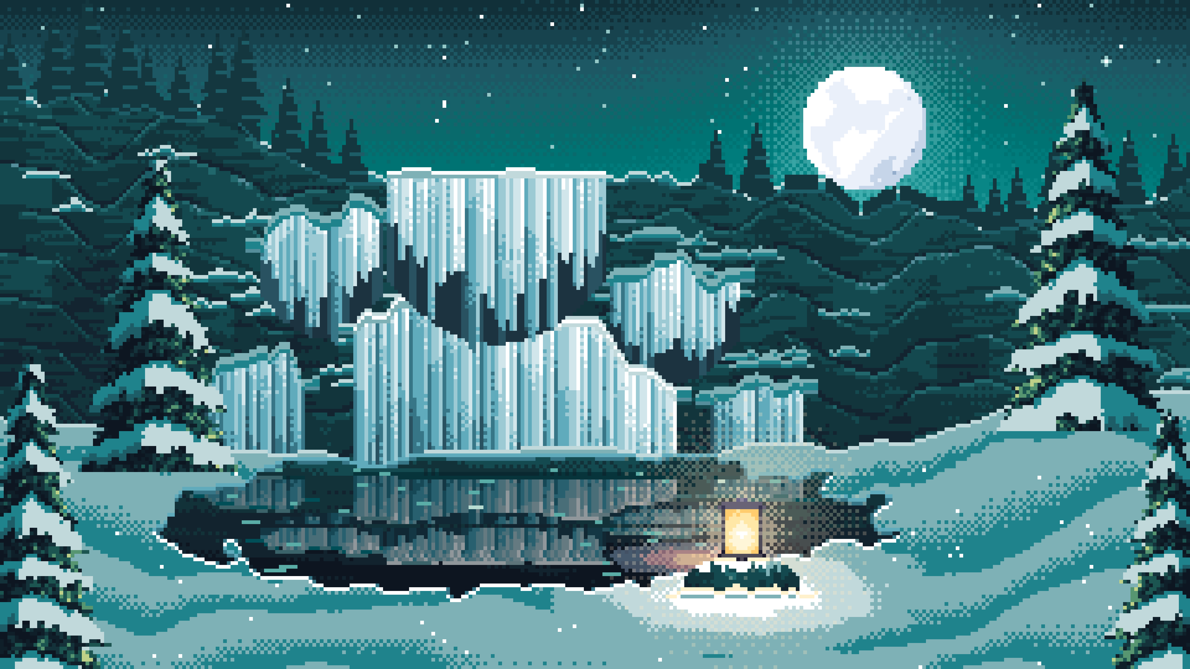 Teal Pixel Art Frozen Waterfall in Moonlight desktop wallpaper in 4K