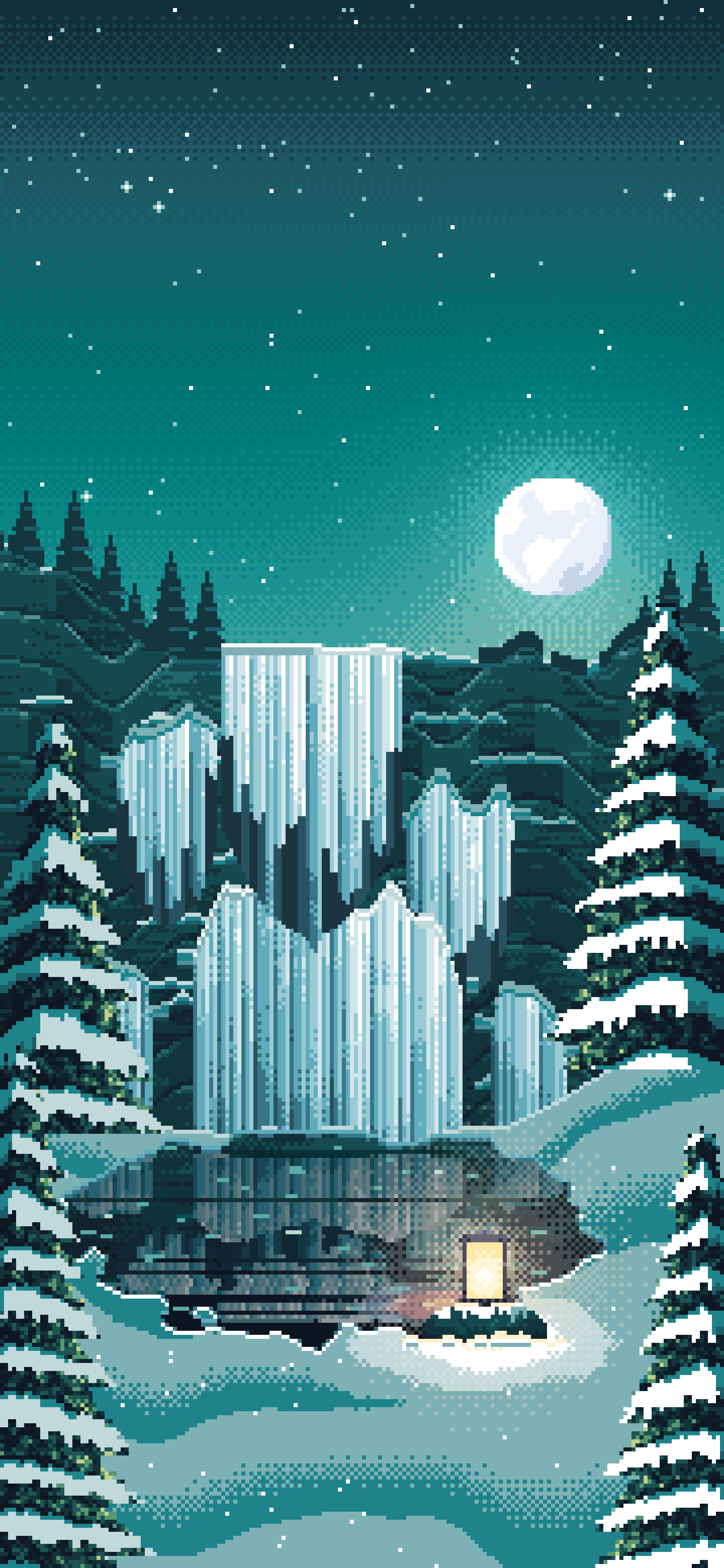 Teal Pixel Art Frozen Waterfall in Moonlight wallpaper for iPhone and Android