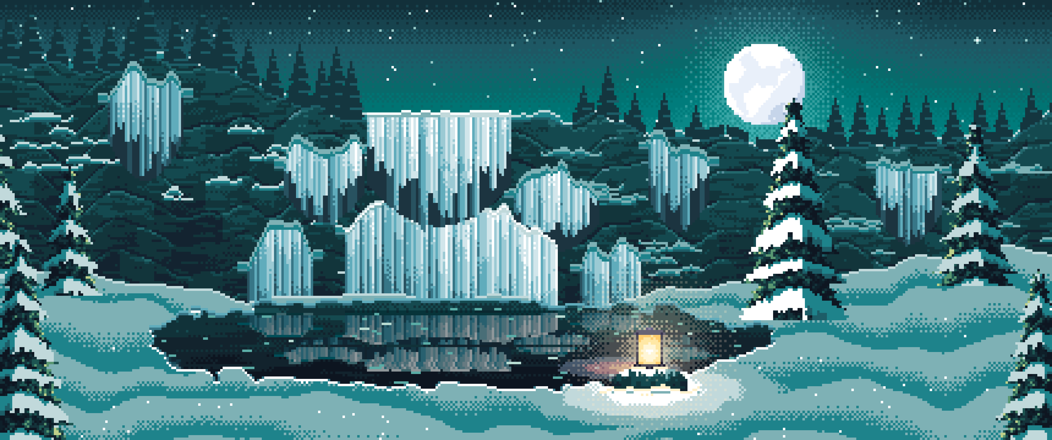 Teal Pixel Art Frozen Waterfall in Moonlight ultrawide wallpaper, 3440 × 1440