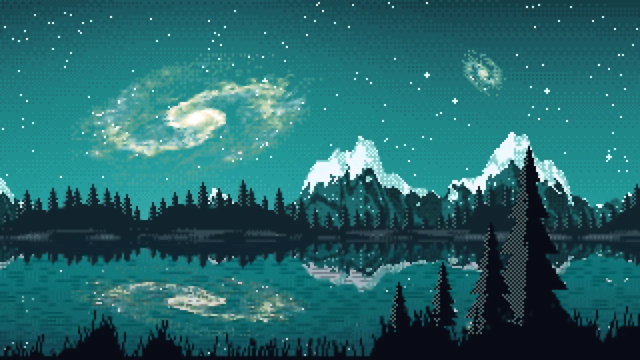 Teal Pixel Art Galaxy Over a Mountain Lake desktop wallpaper in 4K
