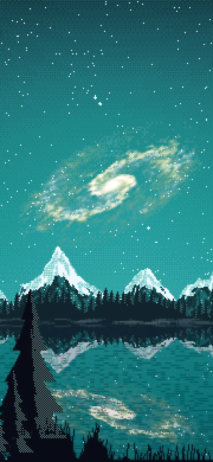 Teal Pixel Art Galaxy Over a Mountain Lake wallpaper for iPhone and Android