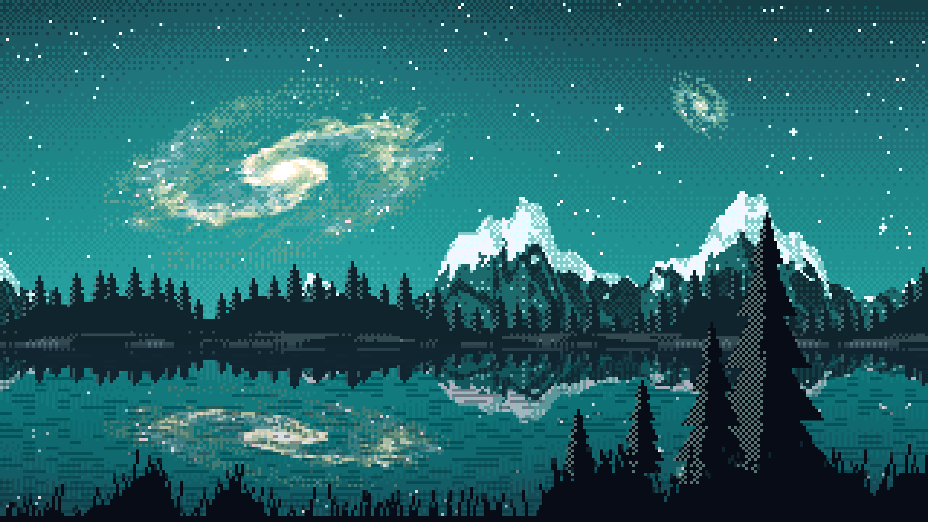 Teal Pixel Art Galaxy Over a Mountain Lake desktop wallpaper in 4K
