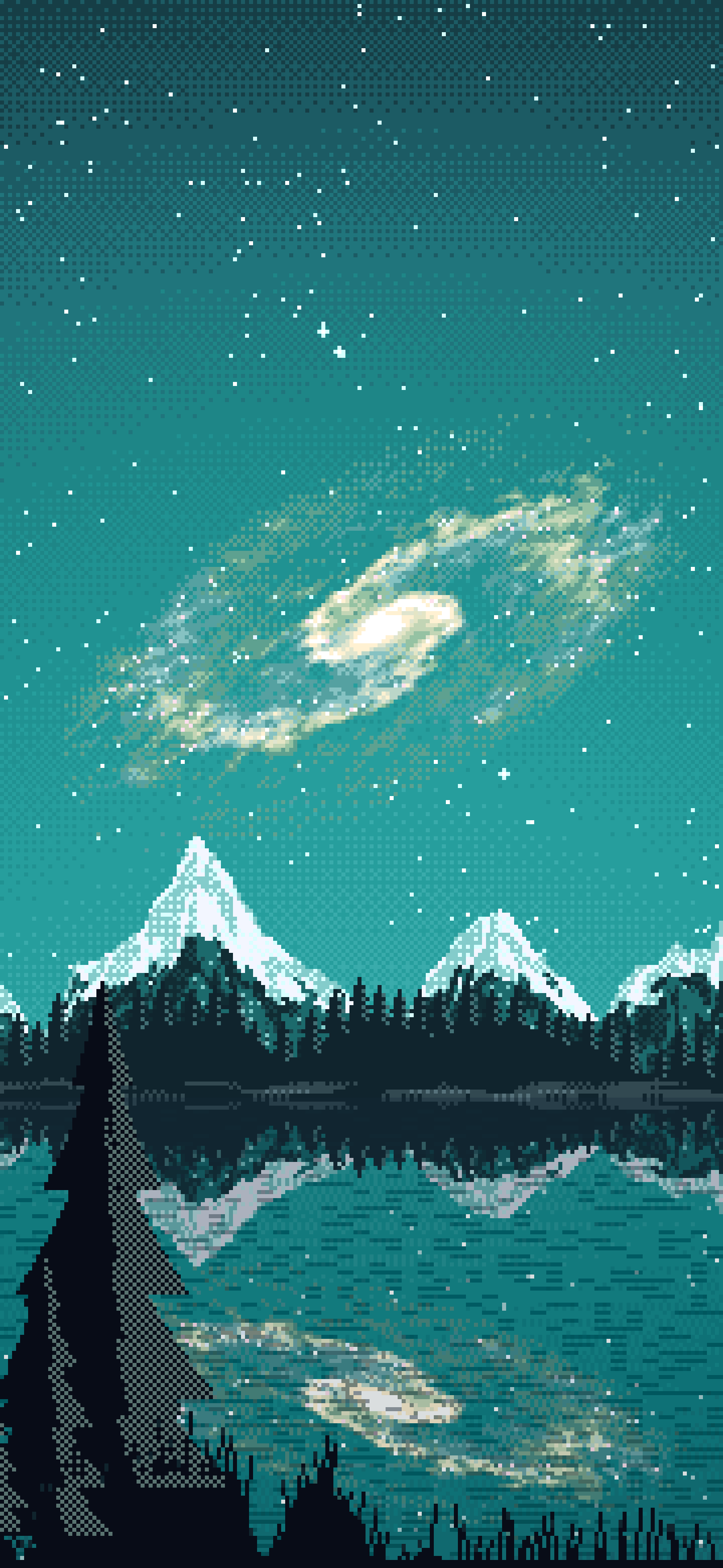 Teal Pixel Art Galaxy Over a Mountain Lake wallpaper for iPhone and Android