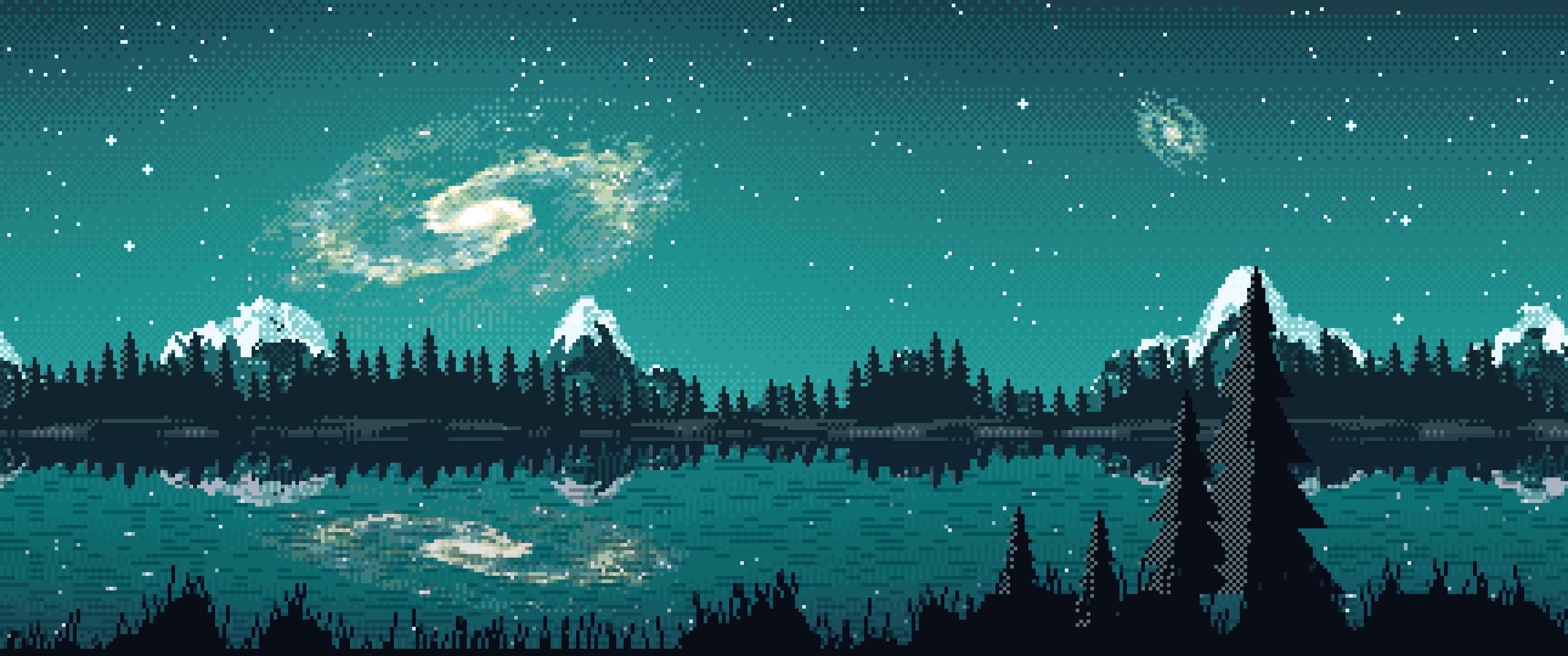 Teal Pixel Art Galaxy Over a Mountain Lake ultrawide wallpaper, 3440 × 1440
