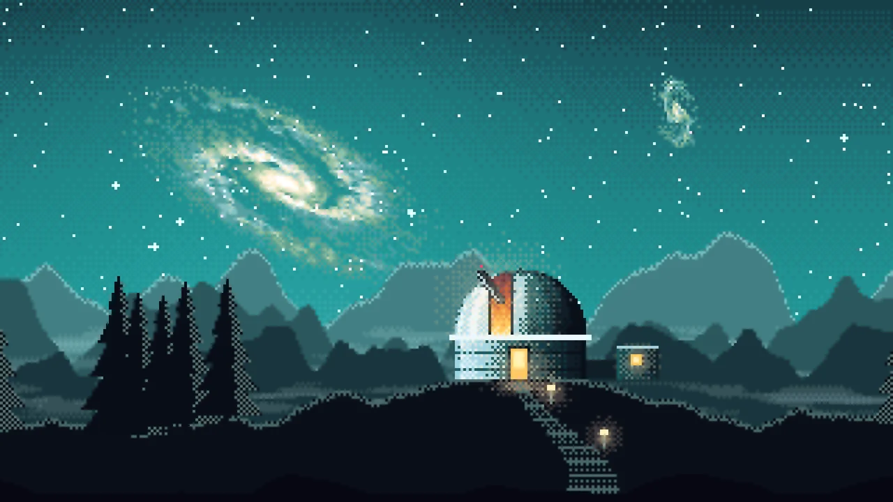 Teal Pixel Art Galaxy Over an Observatory desktop wallpaper in 4K