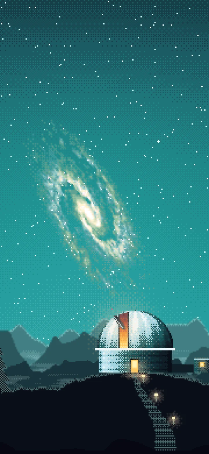 Teal Pixel Art Galaxy Over an Observatory wallpaper for iPhone and Android