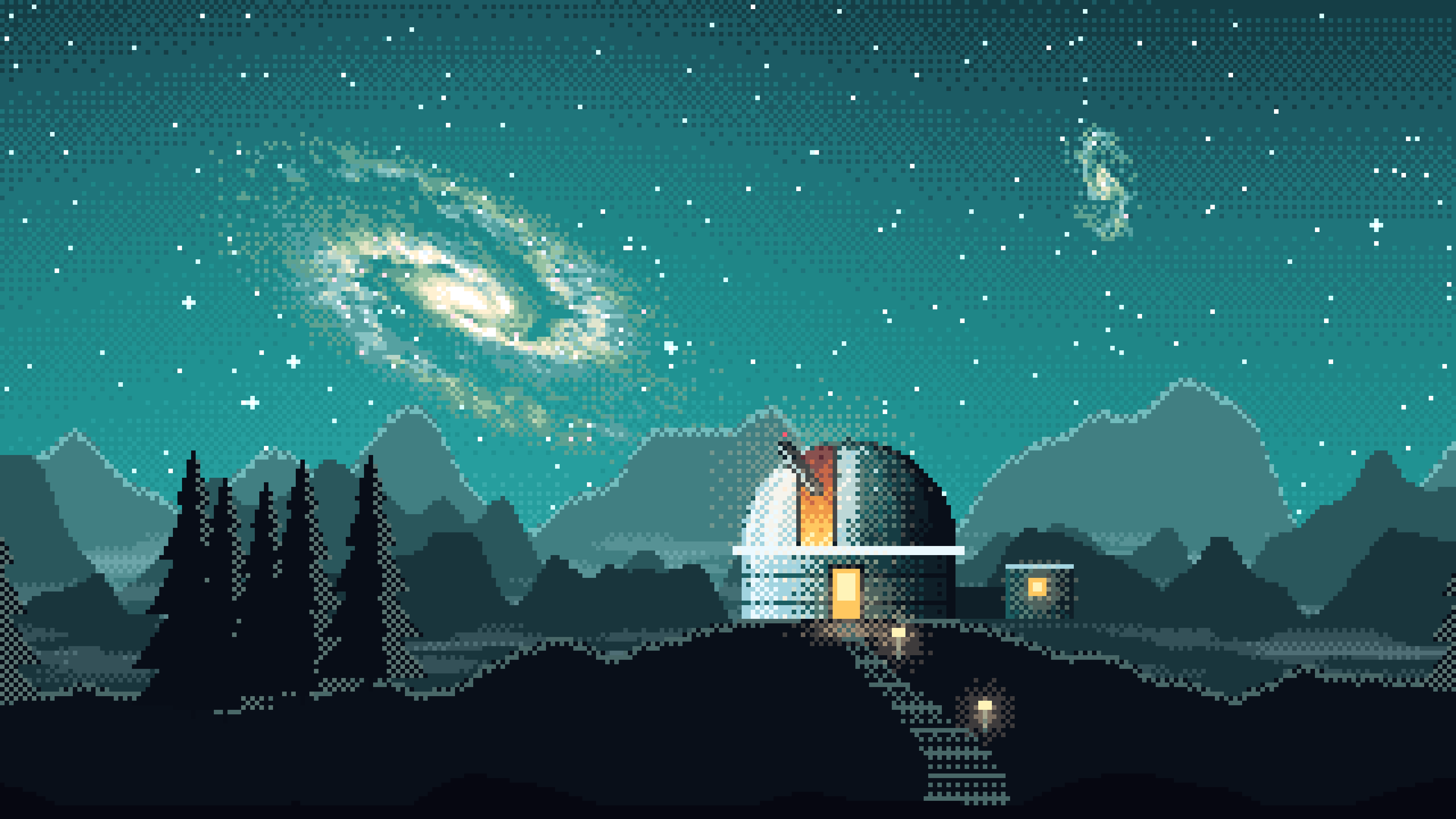 Teal Pixel Art Galaxy Over an Observatory desktop wallpaper in 4K