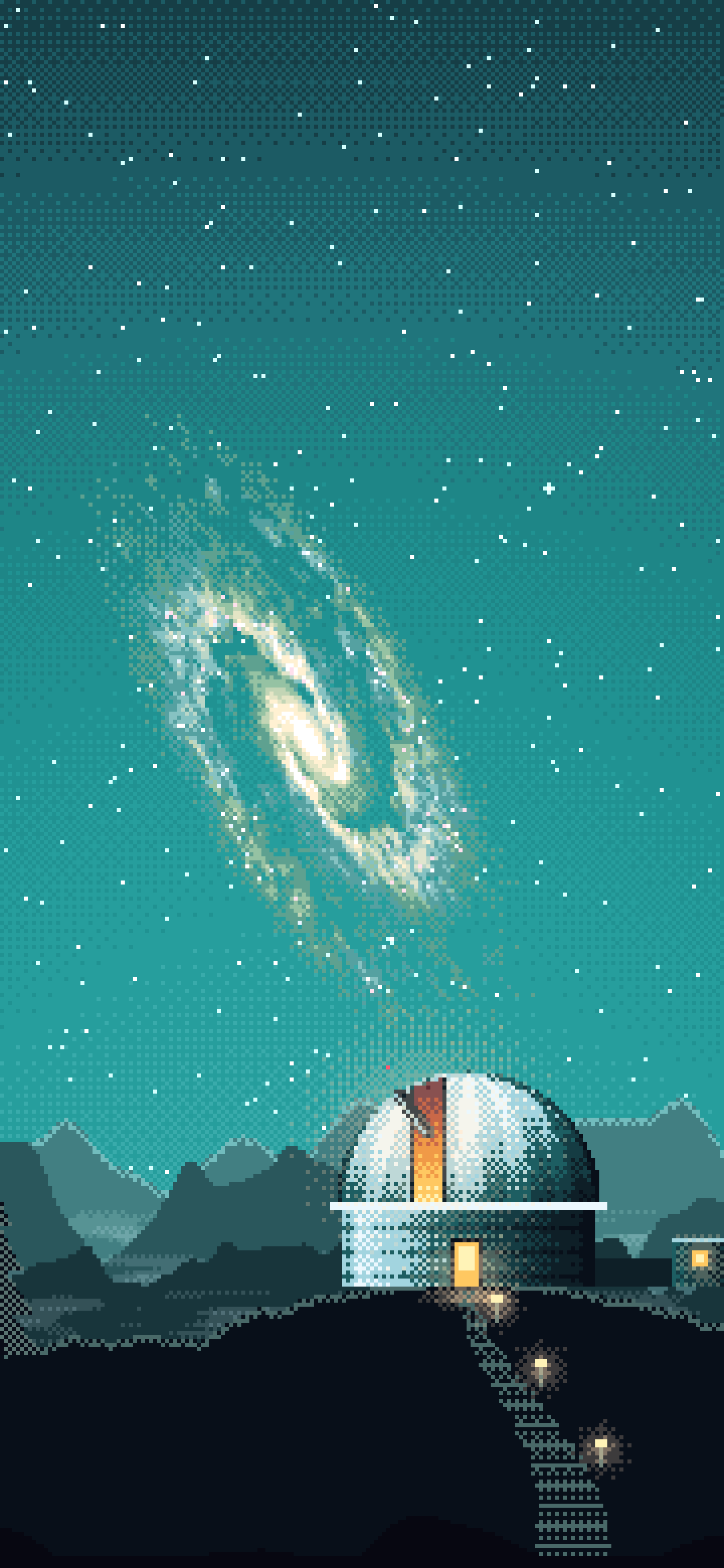 Teal Pixel Art Galaxy Over an Observatory wallpaper for iPhone and Android