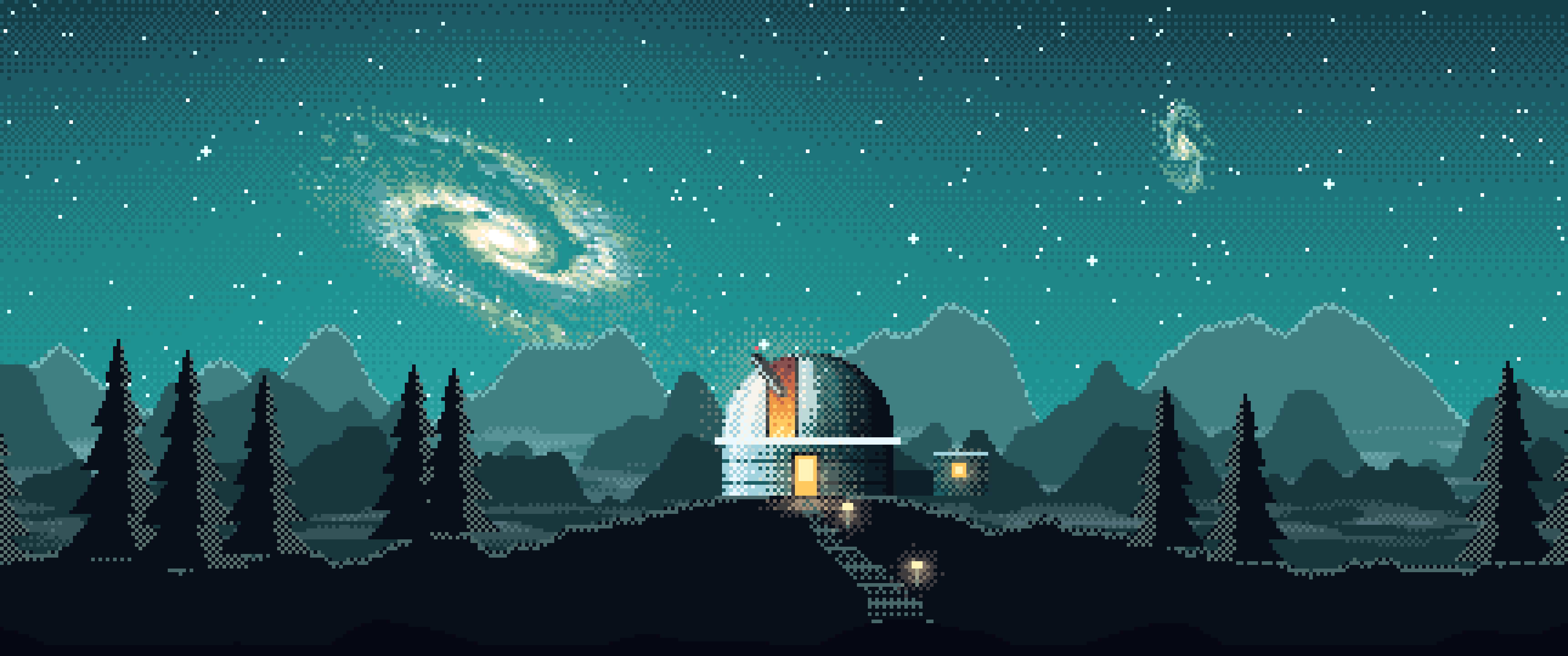 Teal Pixel Art Galaxy Over an Observatory ultrawide wallpaper, 3440 × 1440