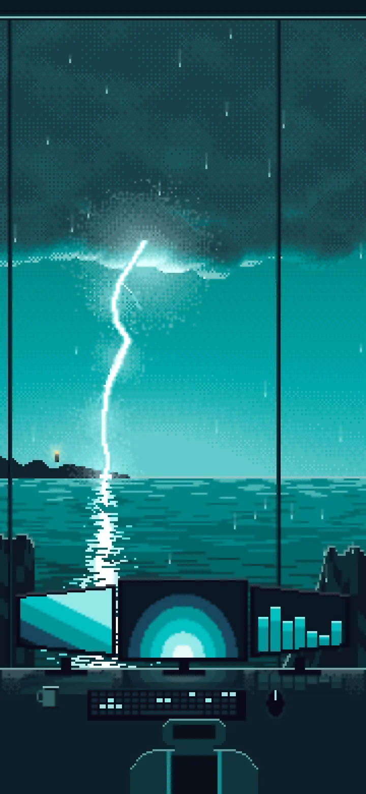 Teal Pixel Art Gaming Setup in a Lightning Storm wallpaper for iPhone and Android