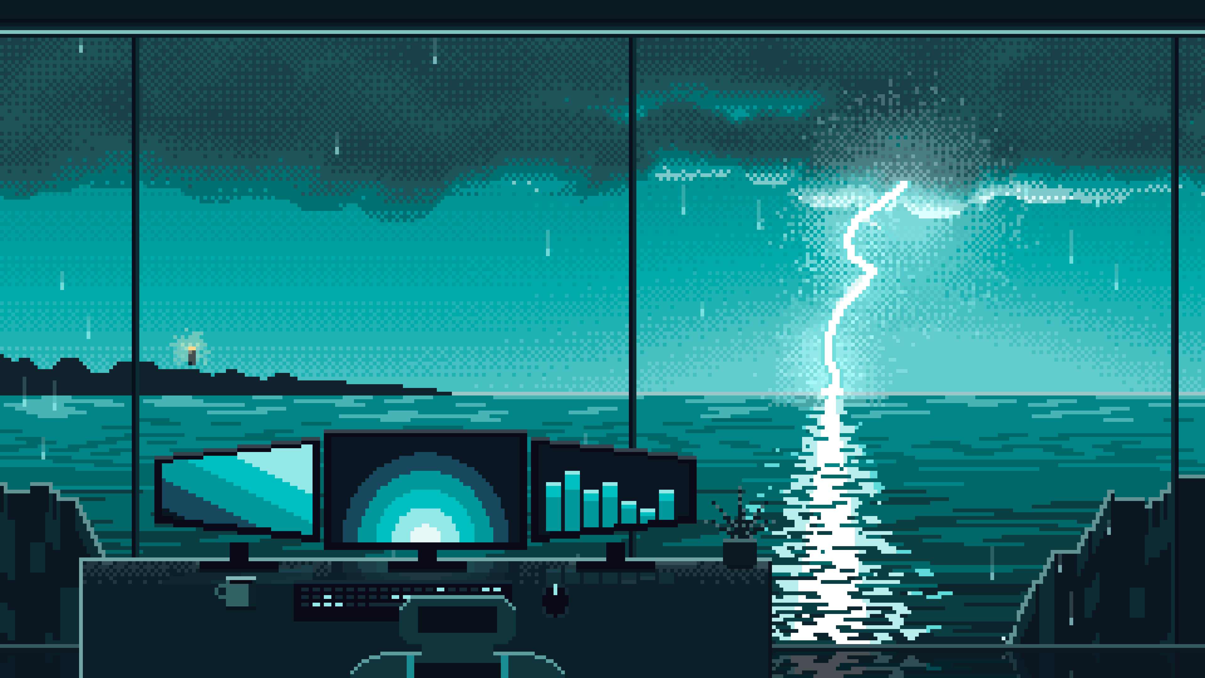 Teal Pixel Art Gaming Setup in a Lightning Storm desktop wallpaper in 4K