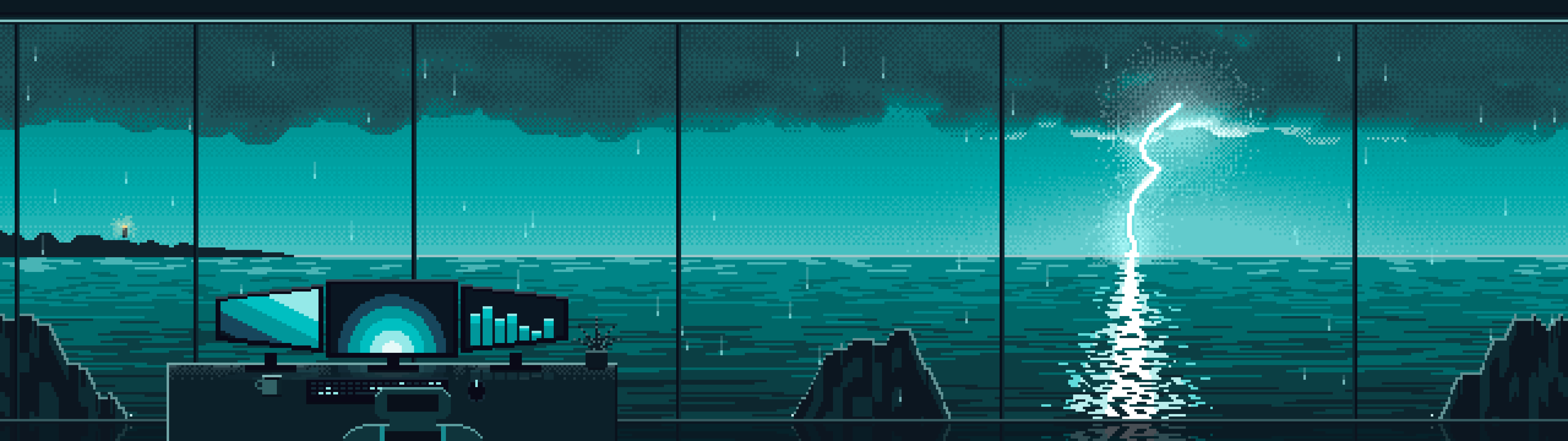 Teal Pixel Art Gaming Setup in a Lightning Storm dual monitor wallpaper, 7680 × 2160
