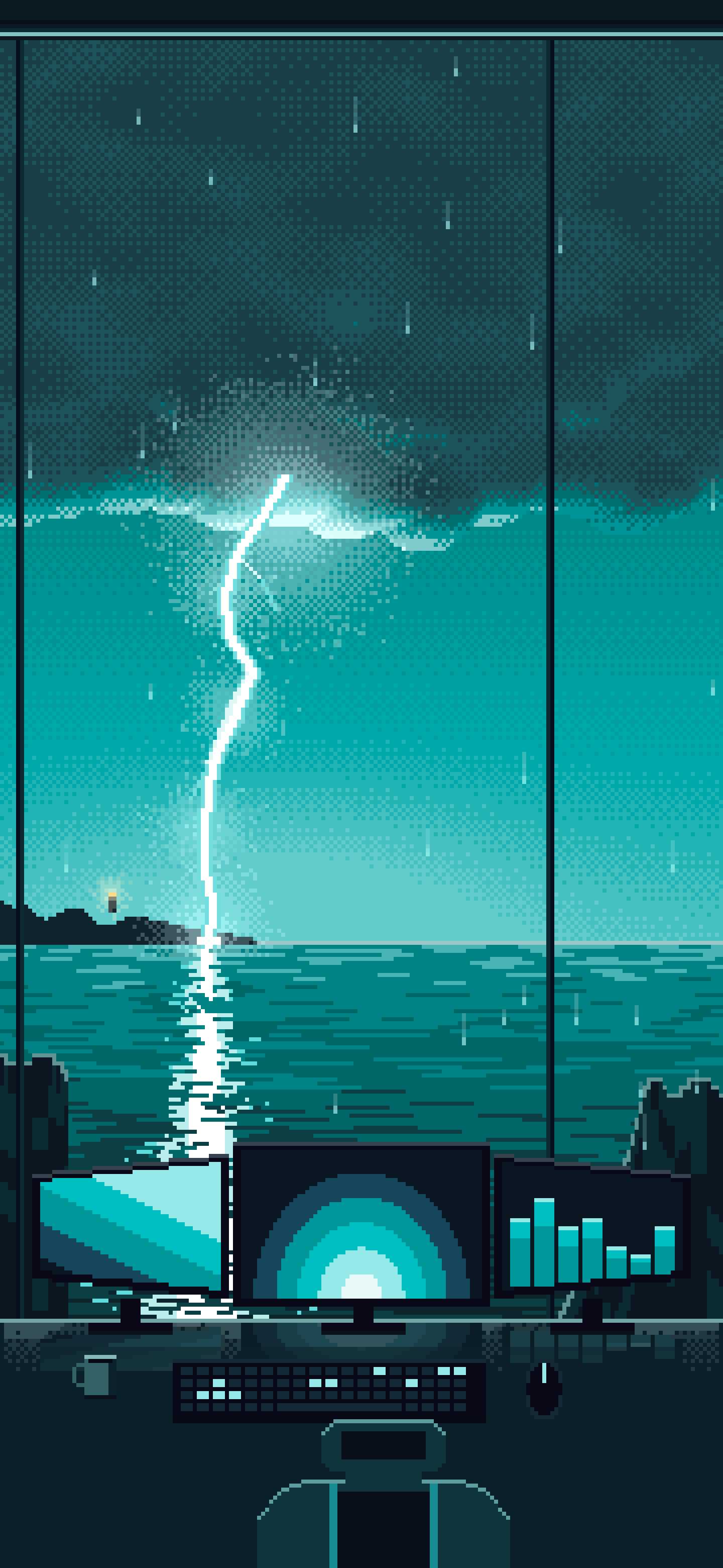 Teal Pixel Art Gaming Setup in a Lightning Storm wallpaper for iPhone and Android