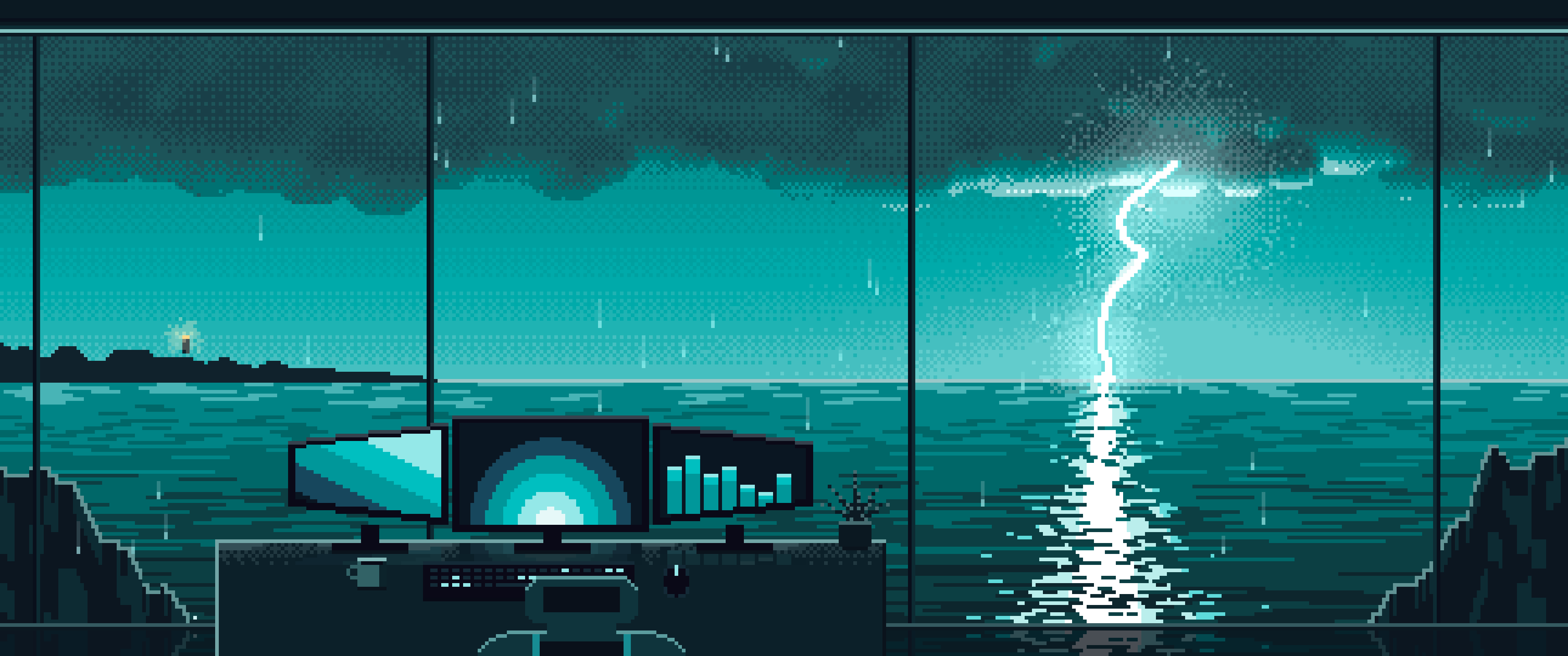 Teal Pixel Art Gaming Setup in a Lightning Storm ultrawide wallpaper, 3440 × 1440