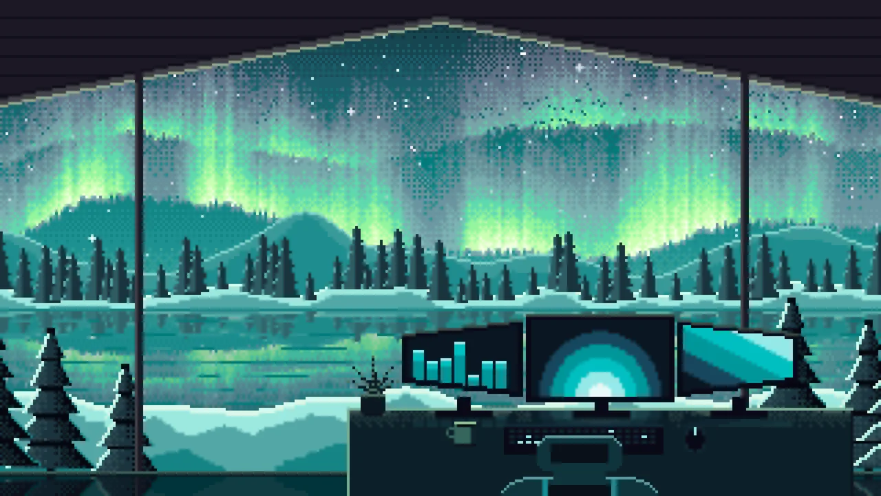 Teal Pixel Art Gaming Setup Under the Northern Lights desktop wallpaper in 4K