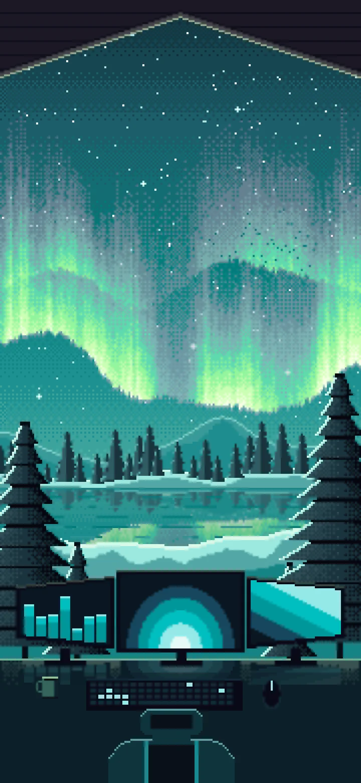 Teal Pixel Art Gaming Setup Under the Northern Lights wallpaper for iPhone and Android