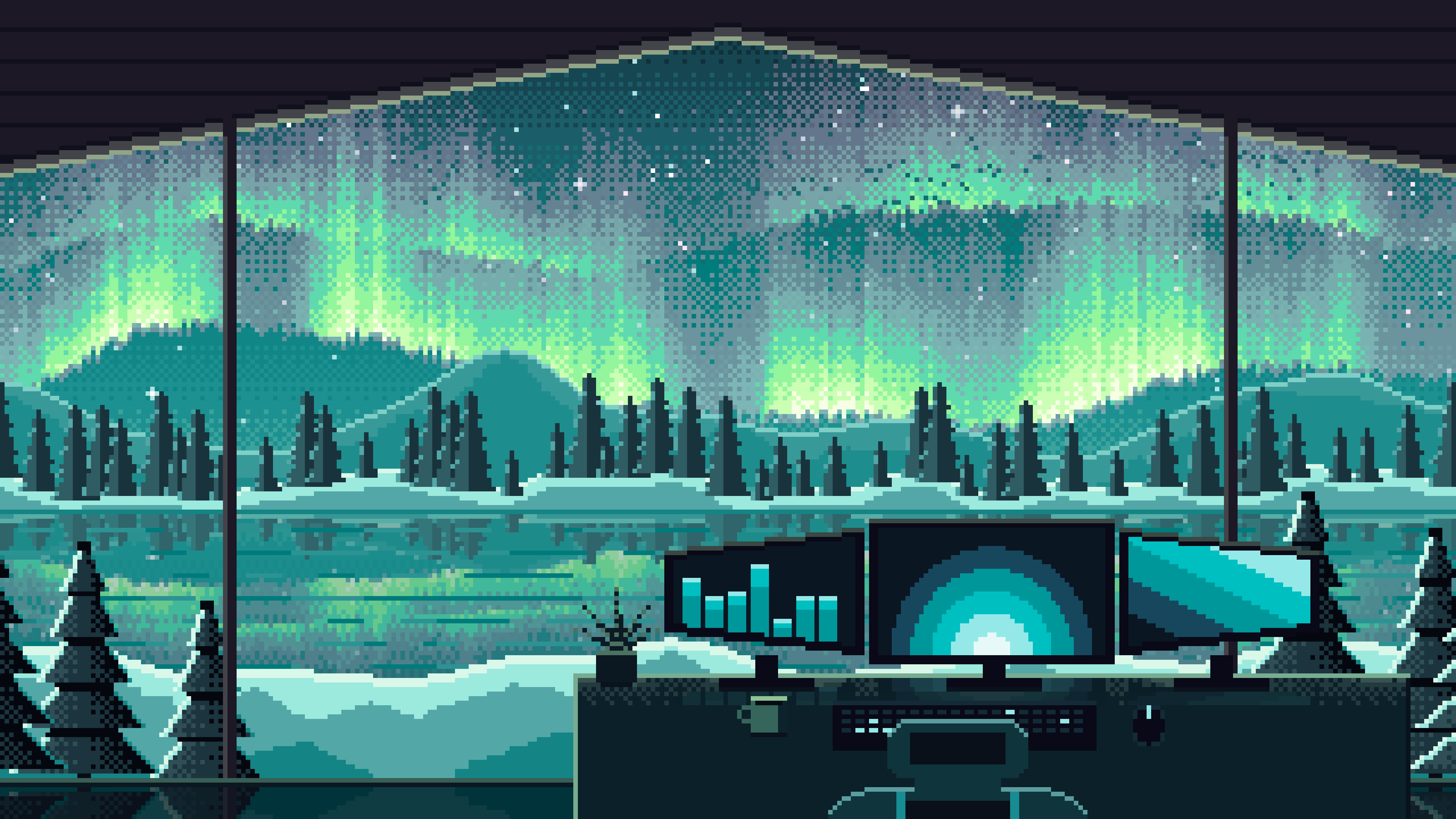 Teal Pixel Art Gaming Setup Under the Northern Lights desktop wallpaper in 4K