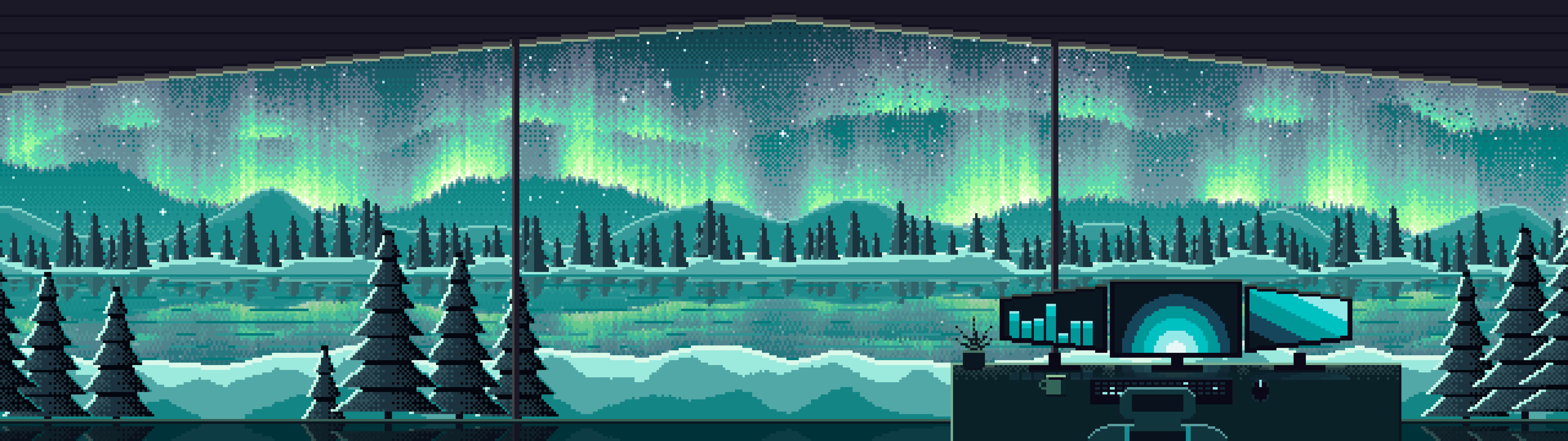 Teal Pixel Art Gaming Setup Under the Northern Lights dual monitor wallpaper, 7680 × 2160