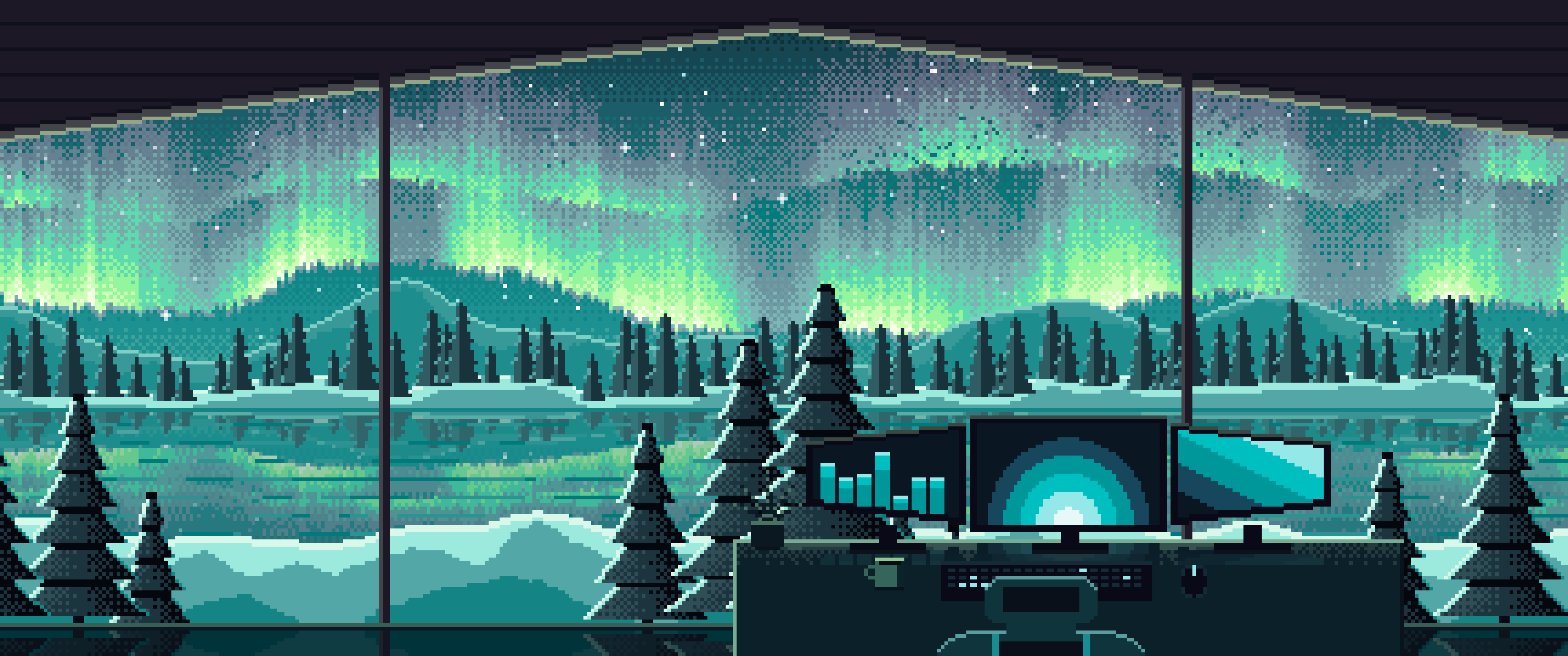 Teal Pixel Art Gaming Setup Under the Northern Lights ultrawide wallpaper, 3440 × 1440
