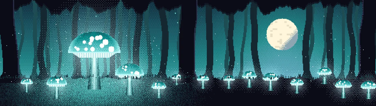 Teal Pixel Art Glowing Mushrooms dual monitor wallpaper, 7680 × 2160
