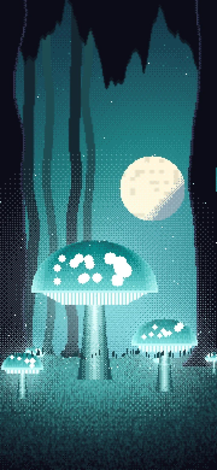 Teal Pixel Art Glowing Mushrooms wallpaper for iPhone and Android