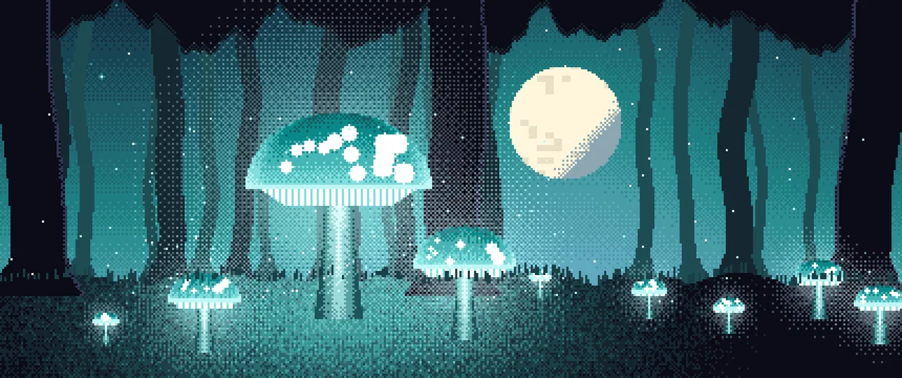 Teal Pixel Art Glowing Mushrooms ultrawide wallpaper, 3440 × 1440