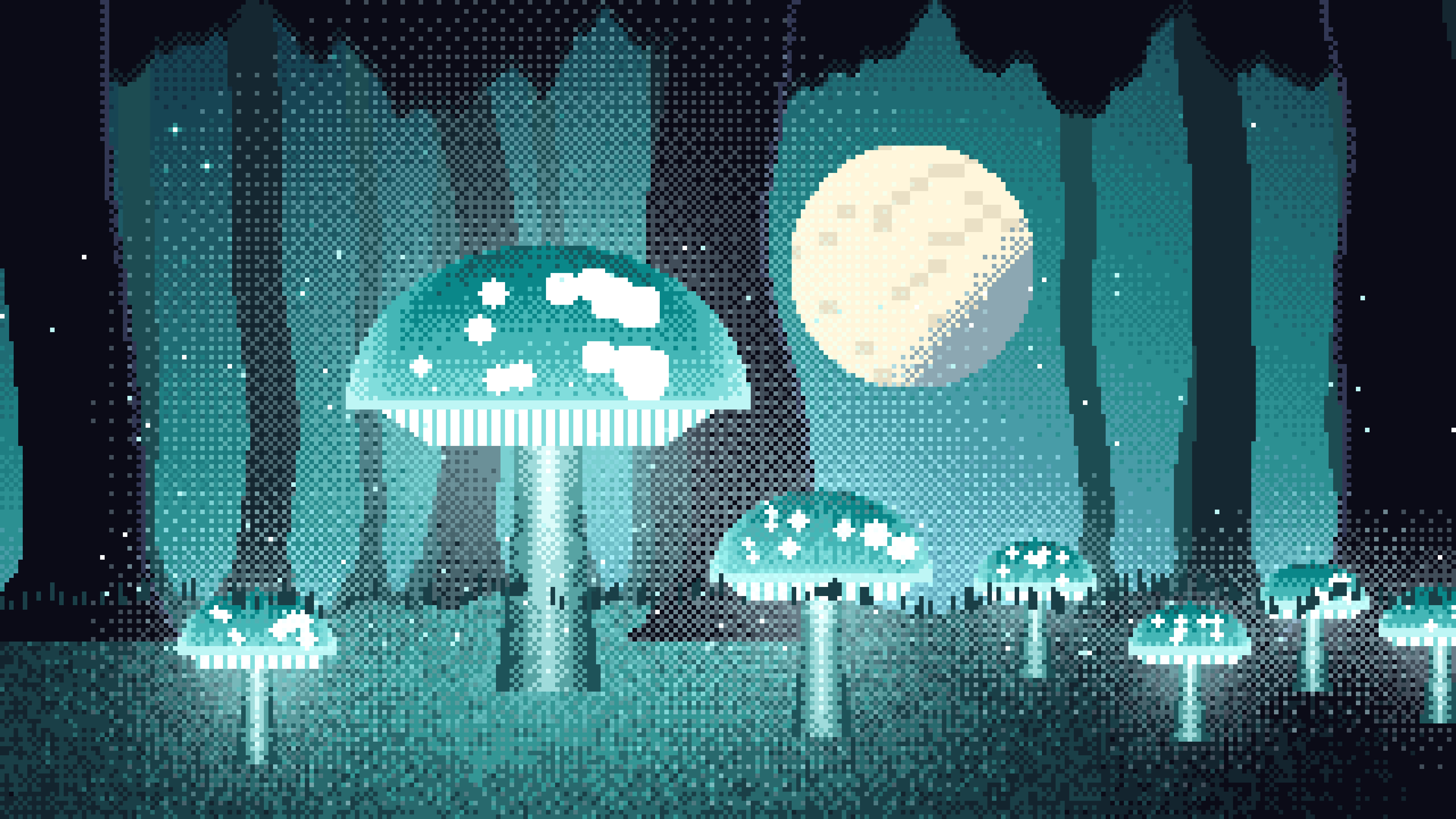 Teal Pixel Art Glowing Mushrooms desktop wallpaper in 4K