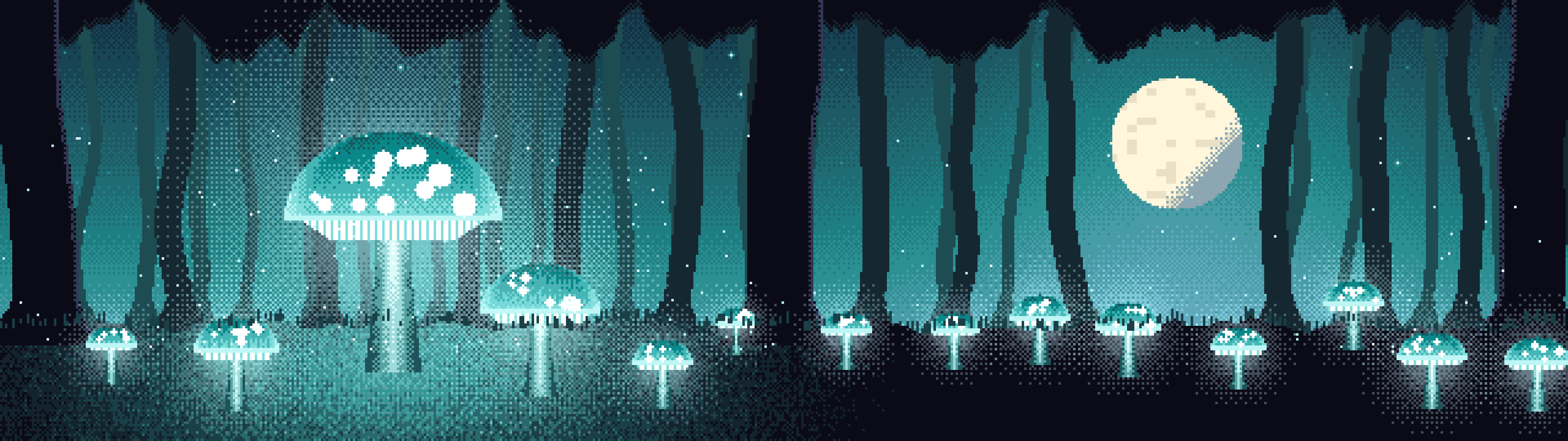 Teal Pixel Art Glowing Mushrooms dual monitor wallpaper, 7680 × 2160