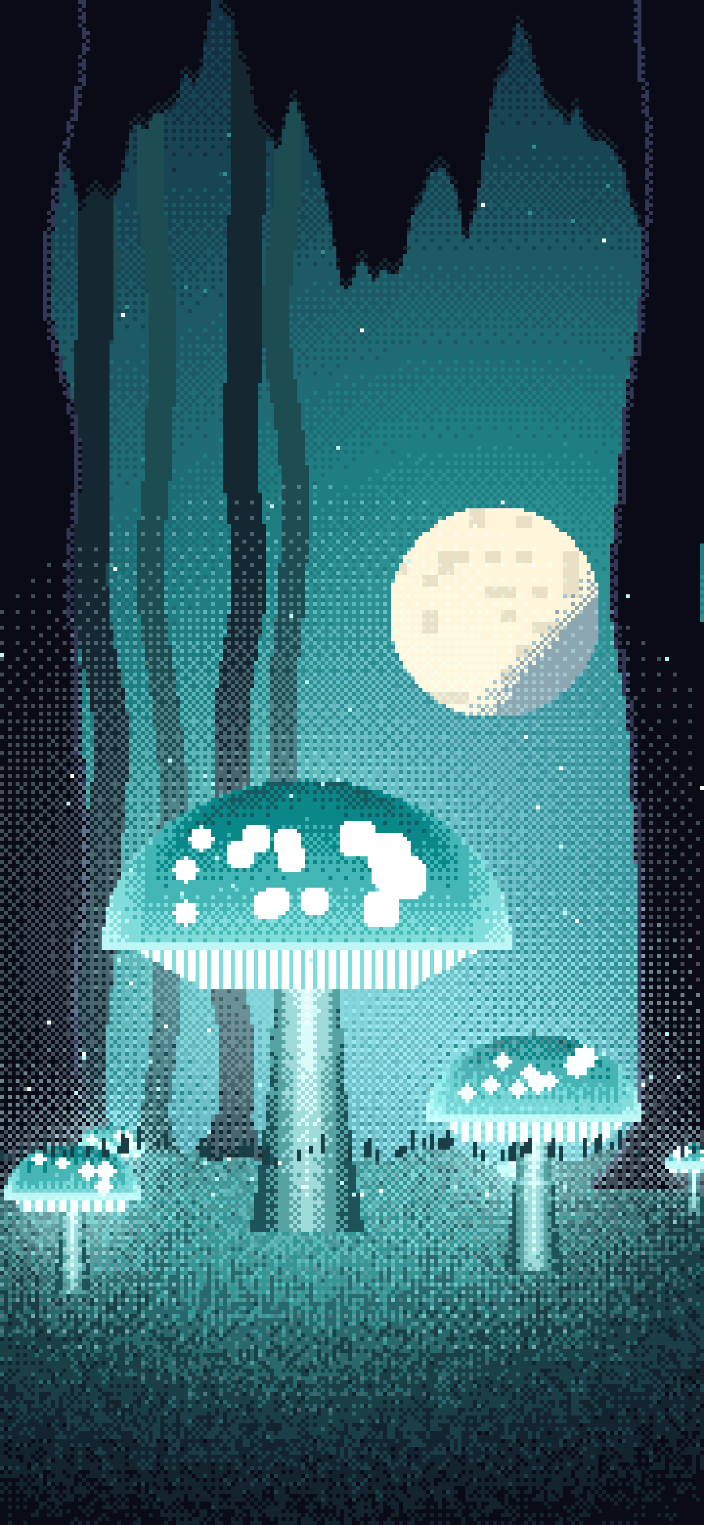 Teal Pixel Art Glowing Mushrooms wallpaper for iPhone and Android