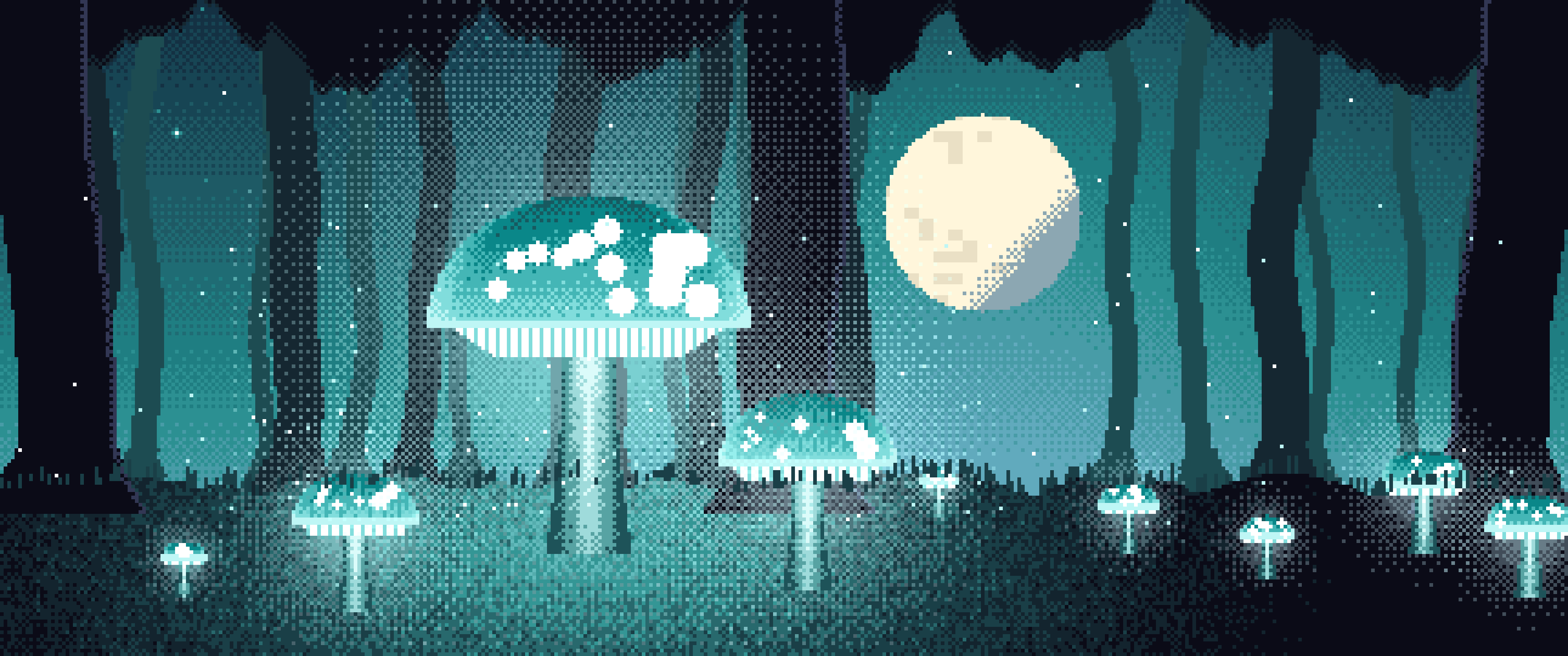 Teal Pixel Art Glowing Mushrooms ultrawide wallpaper, 3440 × 1440
