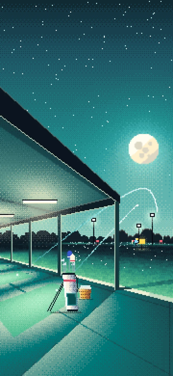 Teal Pixel Art Golf Driving Range at Night wallpaper for iPhone and Android