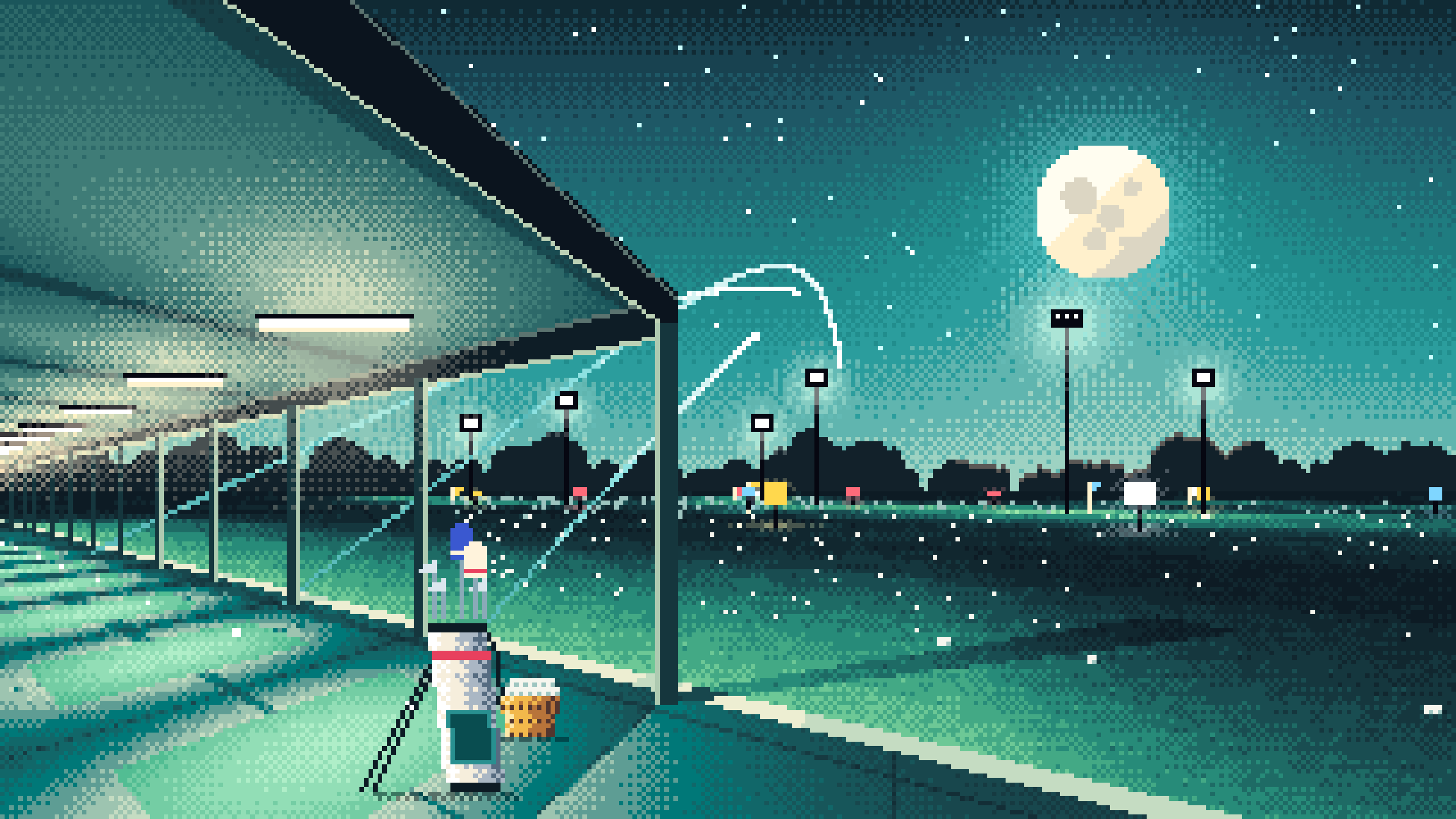 Teal Pixel Art Golf Driving Range at Night desktop wallpaper in 4K