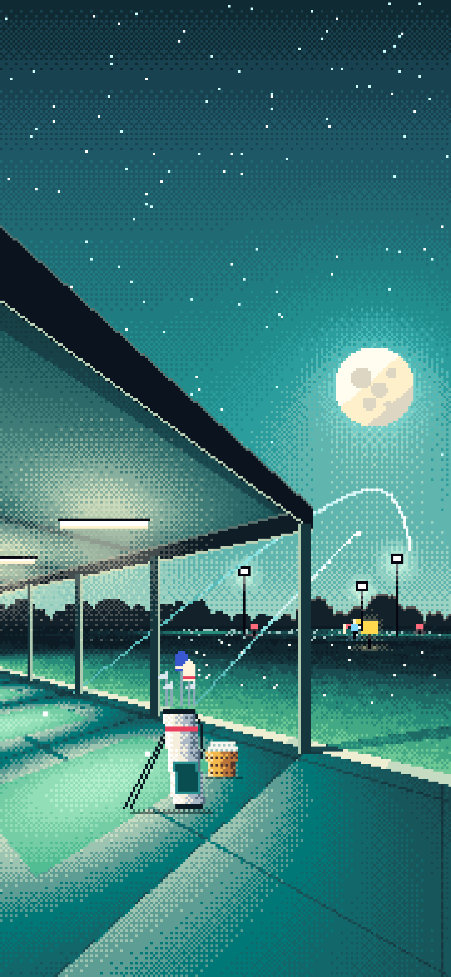 Teal Pixel Art Golf Driving Range at Night wallpaper for iPhone and Android